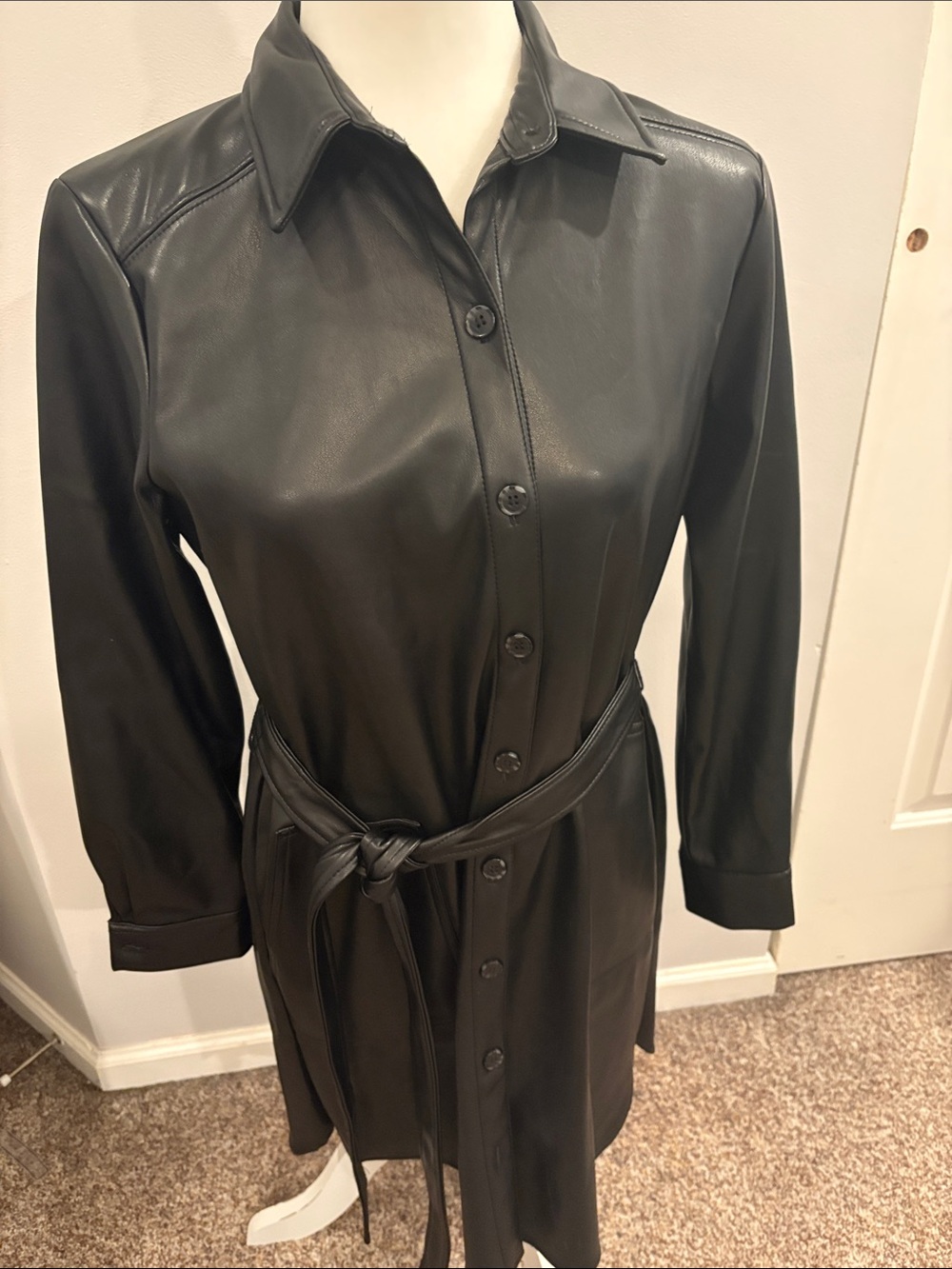 NWT Loft Classic Black Faux Leather Button-Front Shirt Dress 10p